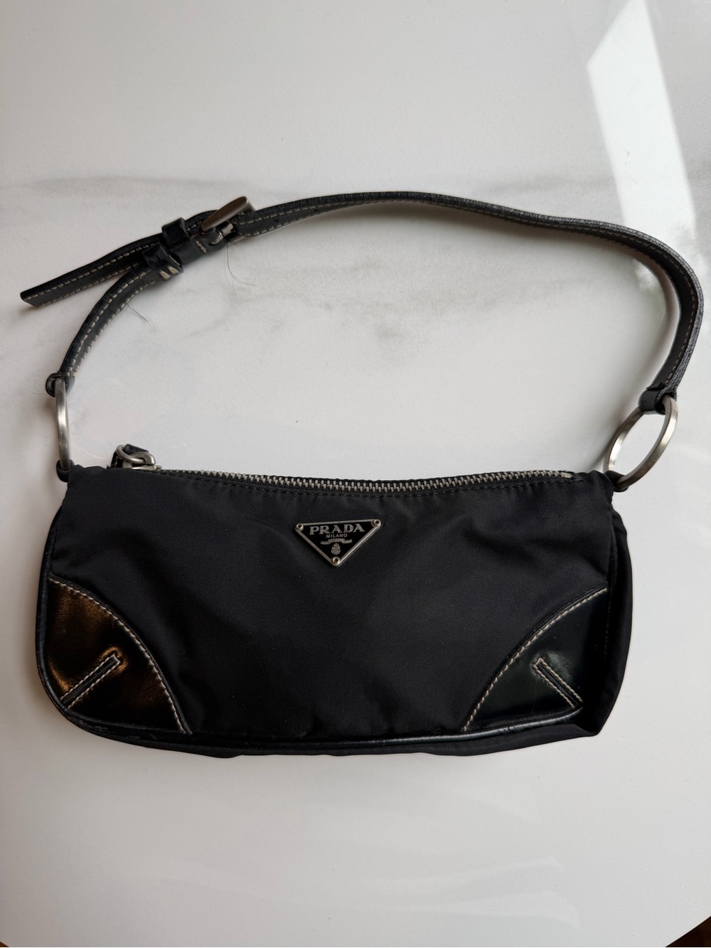 Authentic Prada Black Nylon Mini Shoulder Bag with Leather Trim